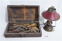 Antique Wooden Tool Box & Lamp