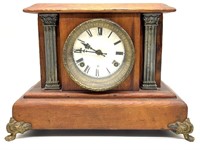 Antique Wood Mantle Clock with Key 15” x 8” x 11”