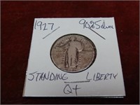 1927 90% Silver Standing Liberty quarter US coin.