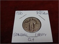 1930 90% Silver Standing Liberty quarter US coin.