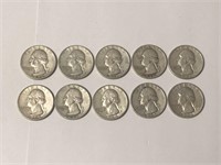 Lot of 10 silver 1940's Washington Quarters