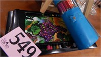 ARTIST'S EASEL, PENS & OIL PASTELS