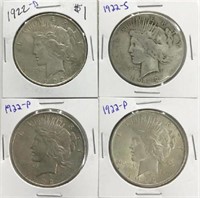 Lot of Four 1922 Peace Dollars.