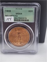 1908 $20 Gold No Motto PCGS MS64