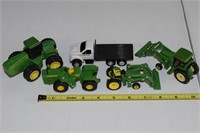(4) Diecast John Deere Tractor Toys +Flatbed Truck