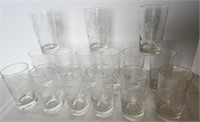 Water Glasses, etched design, 15