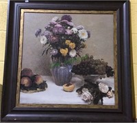 Framed print on board, framed flower and fruit