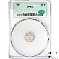 1864 CAC Silver Three Cent CAC PR64