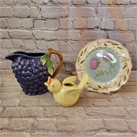 Grapes Ceramic Pitcher, Painted Floral Plate and