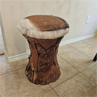 Unique HEAVY Teak Wood & Deer Hide Sitting Stool