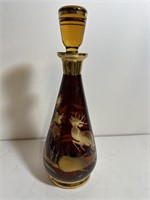 Vintage Amber decanter gold leaf pattern stag