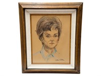 Vintage Framed Original Woman Portrait Drawing