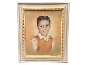 Vintage Framed Young Boy Portrait Original Drawing
