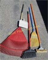 Rake, brooms, dust pan, floor polisher