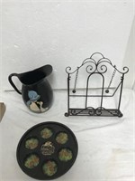 WROUGHT IRON BOOK EASEL, PAINTED PITCHER,