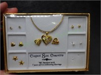 Boxed Heart Necklace & 6 Pair Earrings