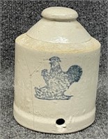 Small stoneware poultry waterer with Blue Chickens