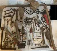 Old primitive farm wrenches tools adz clamps etc