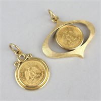 2 14K Gold Mexican Peso Pendants.