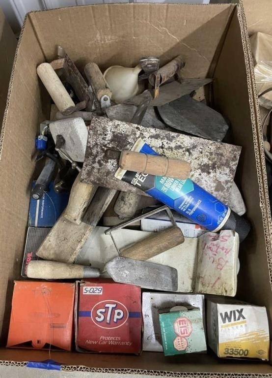 Box of Concrete Tools - Oil Filters & More