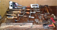 Tool lot: wire brushes, putty knives, levels, brac