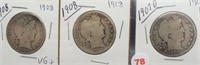 (3) Barber Silver Half Dollars. Dates: 2-1908,