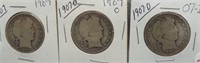 (3) Barber Silver Half Dollars. Dates: 1907,