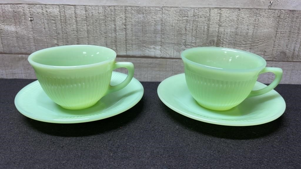 2 Vintage Jadeite Oven Ware Fire King Cup & Saucer