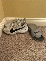 men’s size 11, Nike, tennis shoes, and slides