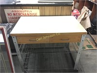 ROLLING METAL BUTCHER BLOCK TABLE W/2 DRAWERS