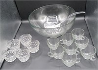 Glass Punch Bowl, Cups, Custard Cups , & Hooks