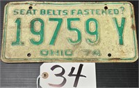 1974 Ohio Seat Belt Fastened License Plate