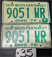 Pair Ohio 1974 Seat Belts Fastened License Plate