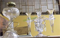 3 light glass candelabra with 2 glass vases, & a