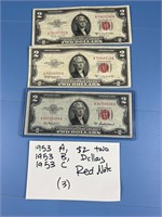 3X 1953 $2 DOLLAR US RED NOTES