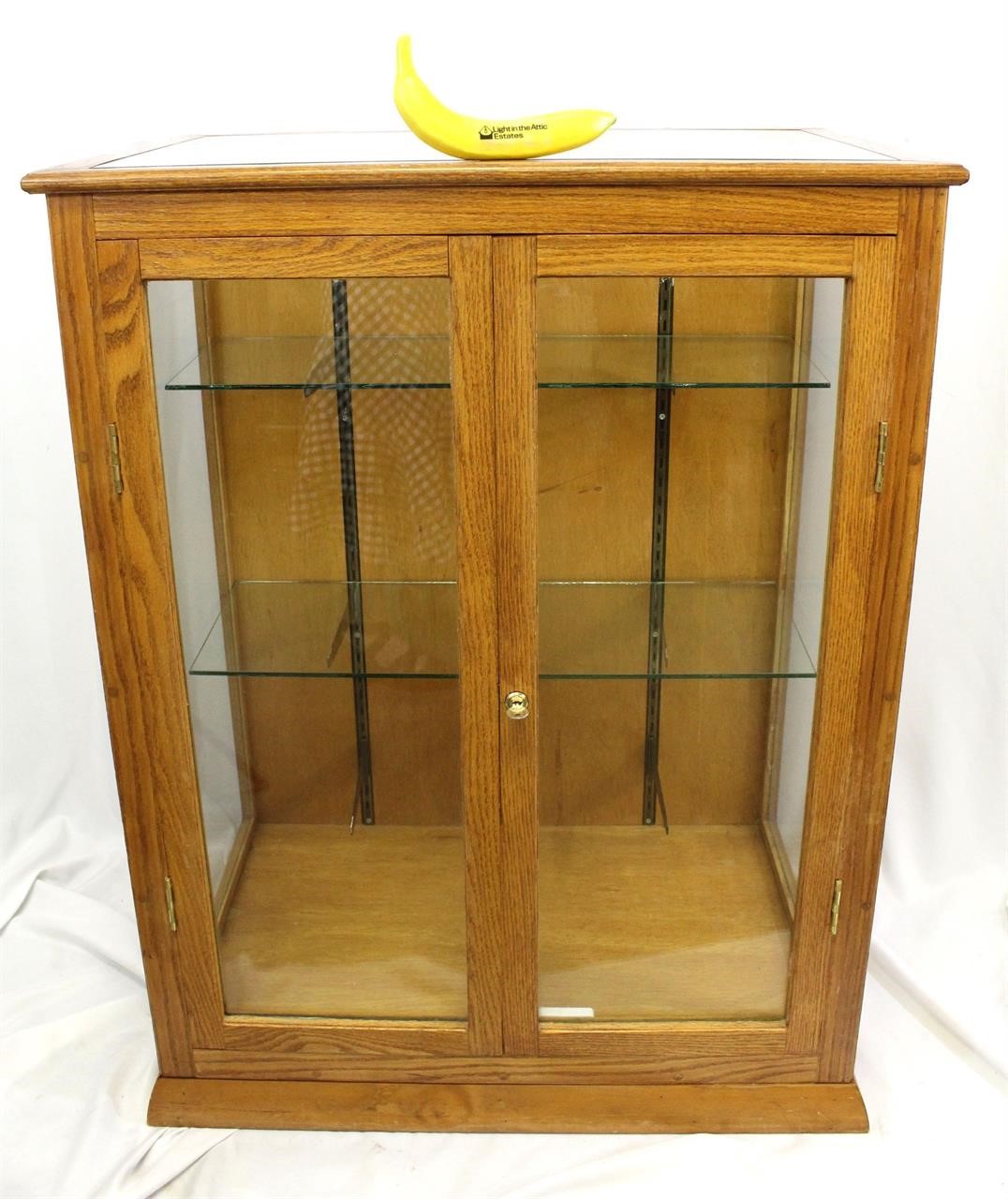 Glass Front Oak Display Cabinet W/Glass Shelves