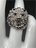 Lion face Silvertone ring