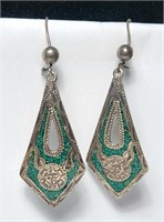 Green Stone on Sterling Silver Ear Rings VTG