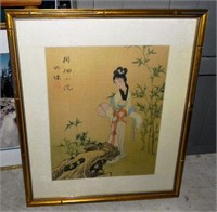 Vintage Framed Asian Geisha Girl Watercolor