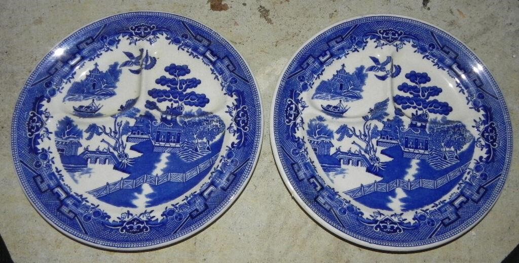 (2) Vtg Shenango China Blue Willow Grill Plates