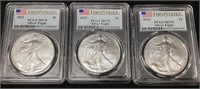 (3) 2022 SILVER AMERICAN EAGLES, GRADED MS70,