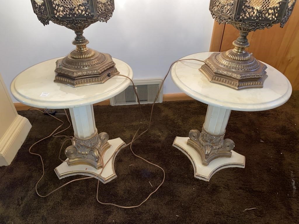 (2) GREEK STYLE PEDESTAL TABLES W/ STONE TOP