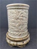 Chinese carved soapstone brush pot with stand