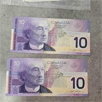 2- Canadian $10 bills w consecutive serial