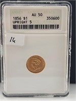 1856 $1 Gold Upright 5 ANACS AU50