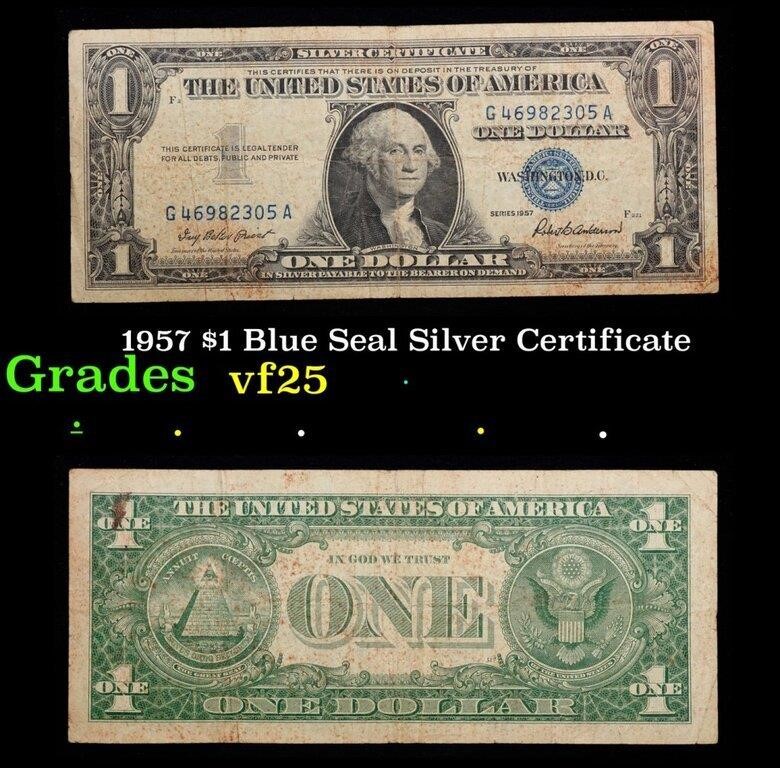 1957 $1 Blue Seal Silver Certificate Grades vf+