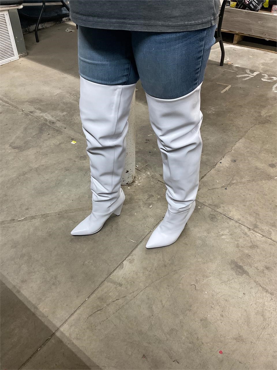 thigh high white pointed toe boots