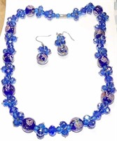 Blue Floral Art Glass Beaded Necklace & Earrings