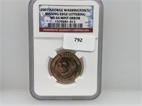 NGC 2007 MS64 Mint Error Washington $1