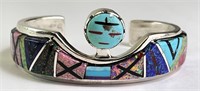 Solid Sterling Signed "OPAL" Inlaid Cuff 70 Grams